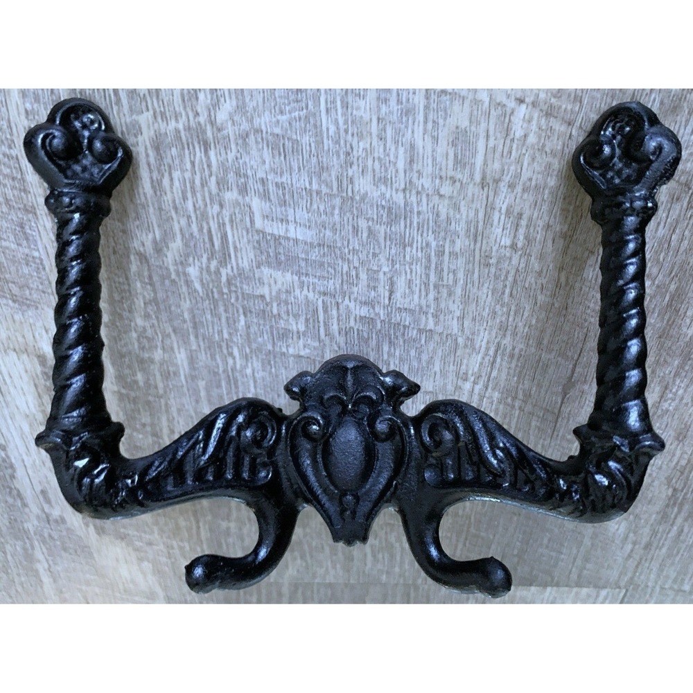 Vtg Antique Sand Cast Double Hat & Coat Hook, 5" Screw Mount LB 33 Painted Black